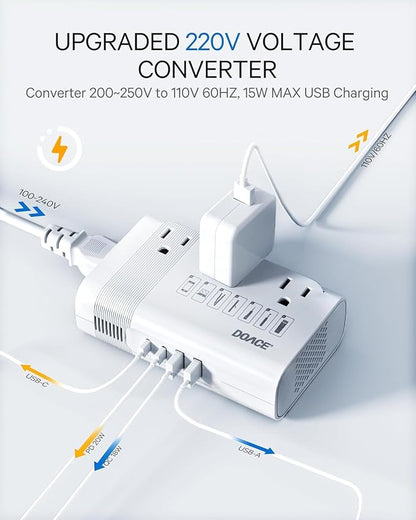 DOACE 350W Voltage Converter US to Europe - 220V to 110V Converter for European Travel, Power Adapter Combo with PD Chargers for Hair Straightener Shaver Toothbrush CPAP Laptop Camera Phone