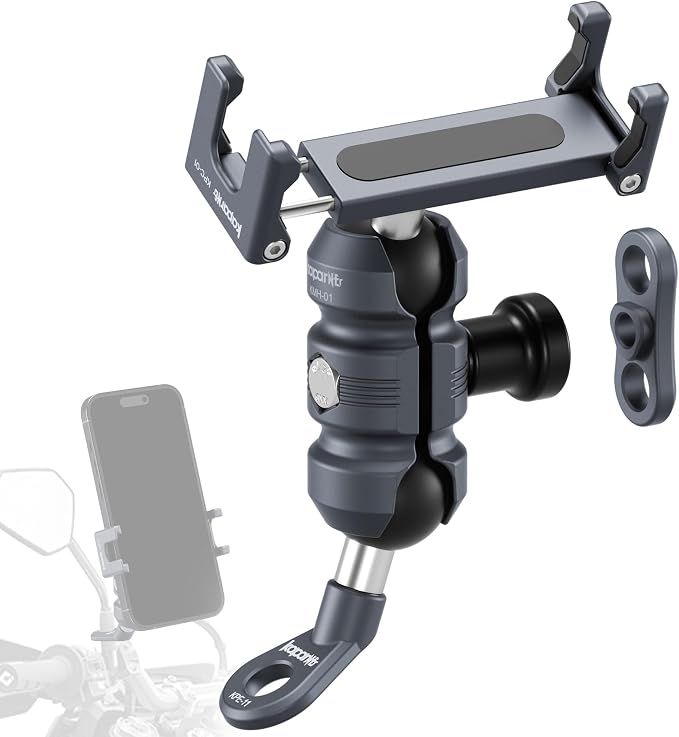 Motorcycle Phone Clip Kit, for 8-10mm Screw/Mirror Install, Anti-Theft Double Socket Arm/25mm Ball Top and Base, Suitable for Width of 2.56-3.74" Phone (KPS-04)