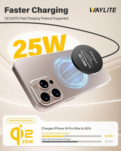 25W Wireless Charger for MagSafe, Qi2.2 Magnetic Fast Charging Pad for iPhone 17/16/15/14/13/12 Series & AirPods, Strong Magnet, Portable Wireless Charger for Travel Home Office (Elegant Black, 2Pack)