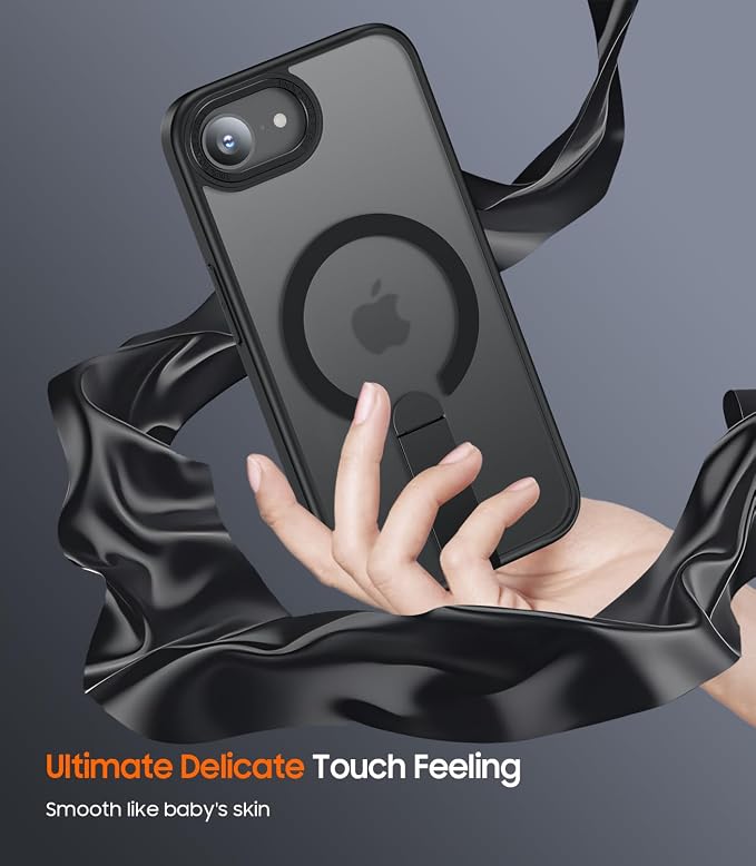 for iPhone 16e Case with Stand, Fit for MagSafe, Slim Translucent Matte Military-Grade Drop Protection Magnetic Kickstand Phone Cover, Black