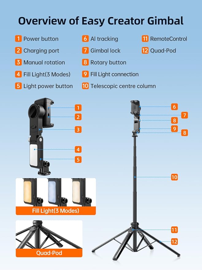 Rollei Auto Face Tracking Tripod, Smartphone Gimbal Stabilizer 61'' Selfie Stick Tripod Holder 360° Rotation for iPhone/Android Stand for Filming Streaming Tiktok Video Vlog