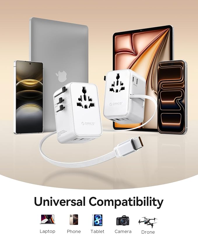 ORICO Universal Travel Adapter 70W GaN International Power Adapter | 7 in 1 (2 AC, 3 USB-C, 2 USB-A) European Travel Plug Adapter, Built-in Retractable USB-C Cable for Eu UK AU 200+ Countries