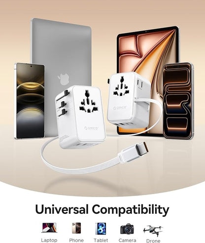 ORICO Universal Travel Adapter 70W GaN International Power Adapter | 7 in 1 (2 AC, 3 USB-C, 2 USB-A) European Travel Plug Adapter, Built-in Retractable USB-C Cable for Eu UK AU 200+ Countries
