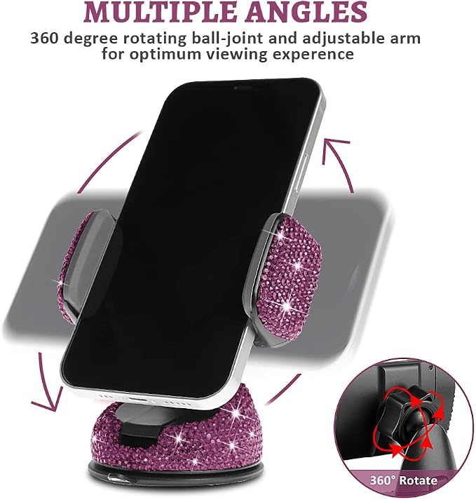 eing Car Phone Mount Cell Phone Holder with One More Air Vent Base,Bling Crystal Universal Phone Mount Holder Cradle for Dashboard,Windshield and Air Vent,Purple