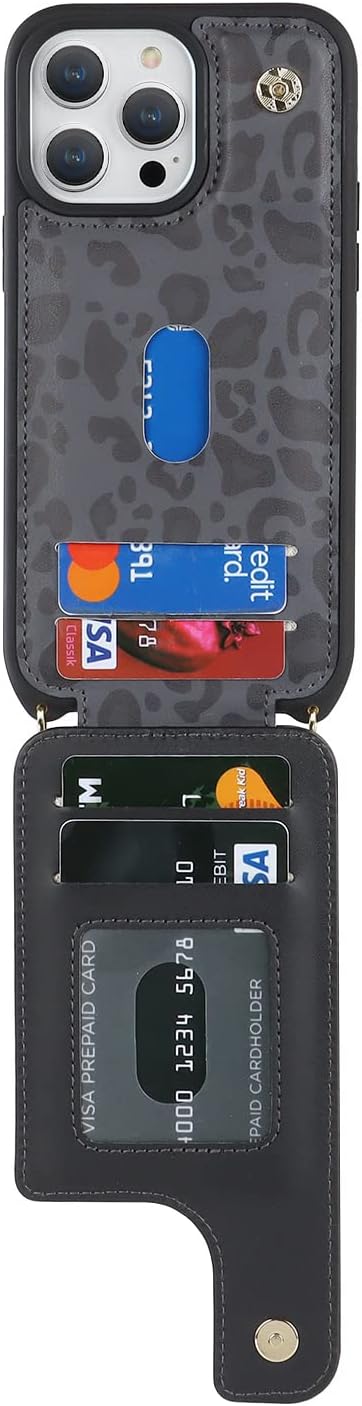 Lipvina for iPhone 12/12 Pro Case with Card Holder and Strap for Women,Crossbody Lanyard,RFID Blocking,Kickstand Ring Stand,Snap Clasp,Cute Phone Wallet Cases 6.1 inch(Black Leopard)