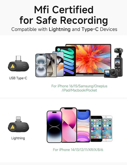 MAONO Wave T1 Mini Wireless Lavalier Microphone for iPhone Android Phone PC, AI Noise Cancellation, 328ft Range, Voice Filter, 30H Battery, Clip Lapel Mic for Video Record Vlogging Content Creator