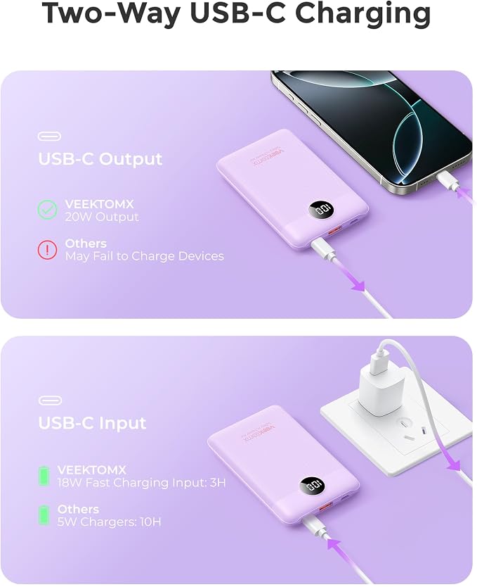 Portable Charger 10000mAh, Ultra Slim Power Bank Fast Charging with Attached USB C Cable, Travel Essential Phone Power Bank Battery Pack for iPhone 17/16/15/14 Samsung S25 Google etc, Purple