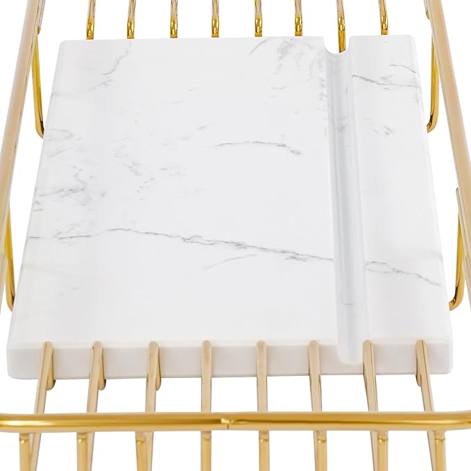 Expandable Bathtub Tray Caddy for Luxury Bath, Extra Wide Acrylic Tub Tray with Natural Marble Board, Waterproof Bath Tub Shelf for Phone, Wine, Book, Tablet Stand - Ideal Home Spa (Gold, White)