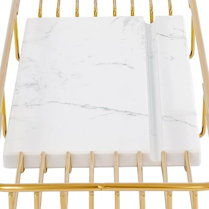 Expandable Bathtub Tray Caddy for Luxury Bath, Extra Wide Acrylic Tub Tray with Natural Marble Board, Waterproof Bath Tub Shelf for Phone, Wine, Book, Tablet Stand - Ideal Home Spa (Gold, White)