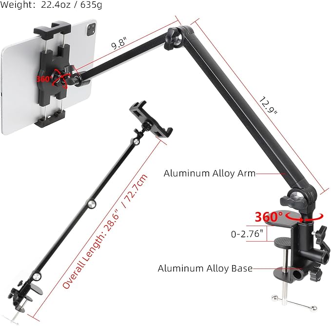 iPad Desk Mount, Adjustable Foldable Tablet Aluminum Arm, 360° Rotation, Tablet Stand Holder for Bed, Fits 4.7"-15" iPad Pro/Air/Mini, Phones, Galaxy Tab, Portable Monitor