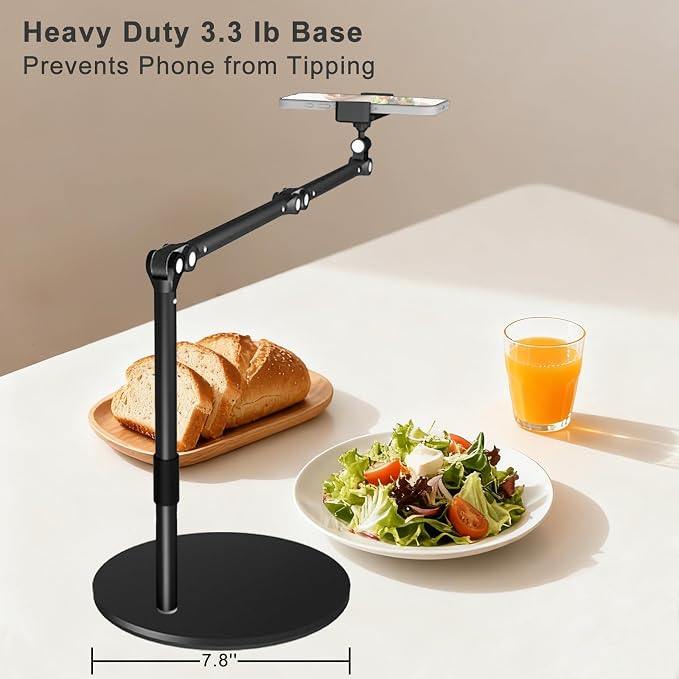 Heavy Duty Overhead Phone Mount for Desk, 17 in Long Arm iPhone Holder, 360° Swivel Stand for Video Recording, Filming, Live Streaming, Cooking, Painting, Crafting