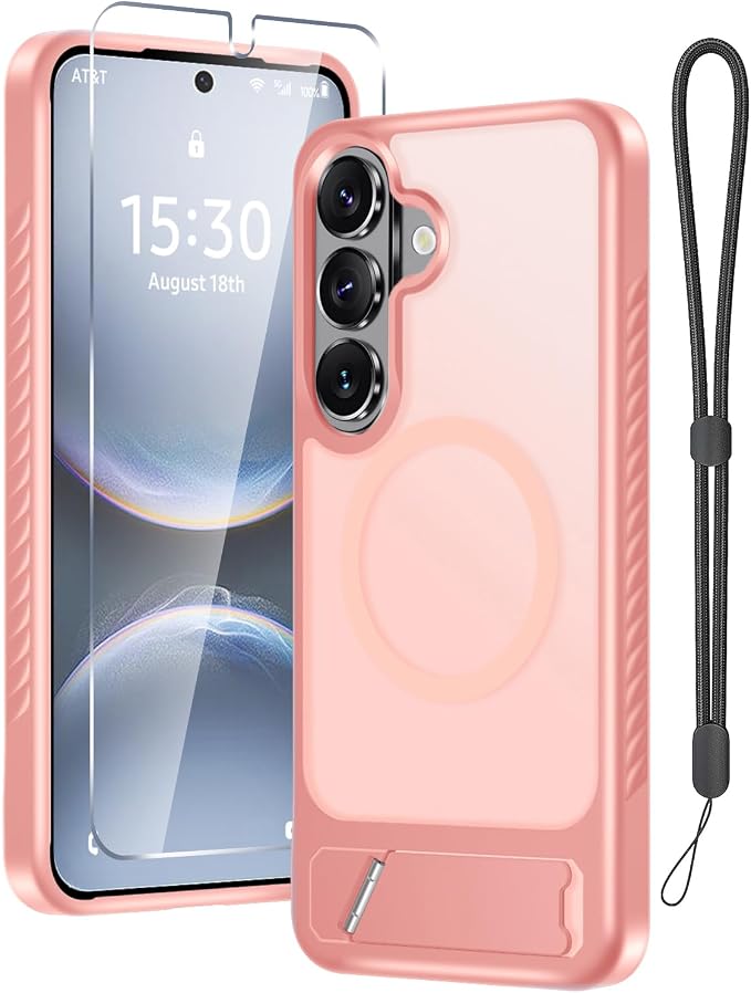 RMOCR for Samsung Galaxy S26 Case with Screen Protector+Lanyard Wrist Strap,Magnetic Translucent Matte Rugged Slim Phone Cover Built in Invisible Kickstand [Fit for MagSafe],2026 Cute Pink