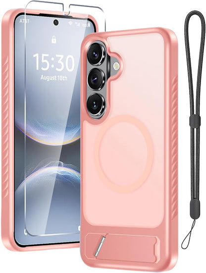 RMOCR for Samsung Galaxy S26 Case with Screen Protector+Lanyard Wrist Strap,Magnetic Translucent Matte Rugged Slim Phone Cover Built in Invisible Kickstand [Fit for MagSafe],2026 Cute Pink