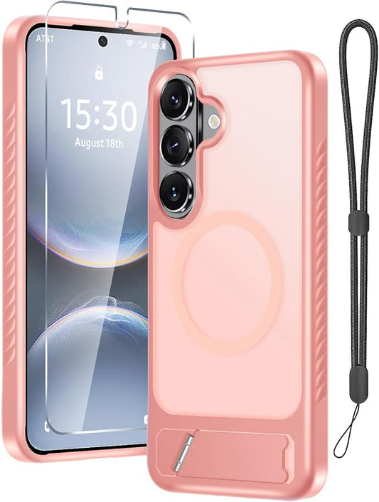 RMOCR for Samsung Galaxy S26 Case with Screen Protector+Lanyard Wrist Strap,Magnetic Translucent Matte Rugged Slim Phone Cover Built in Invisible Kickstand [Fit for MagSafe],2026 Cute Pink