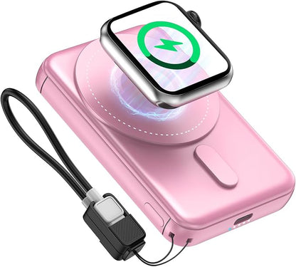 SIXTHGU Magnetic Portable Charger, 3 in 1 Wireless Power Bank for Magsafe 5000mAh Battery Pack, PD20W Fast Charging with Built-in USB-C Cable, S05 for iPhone 17/16/15/14 Series, Apple Watch/Airpods