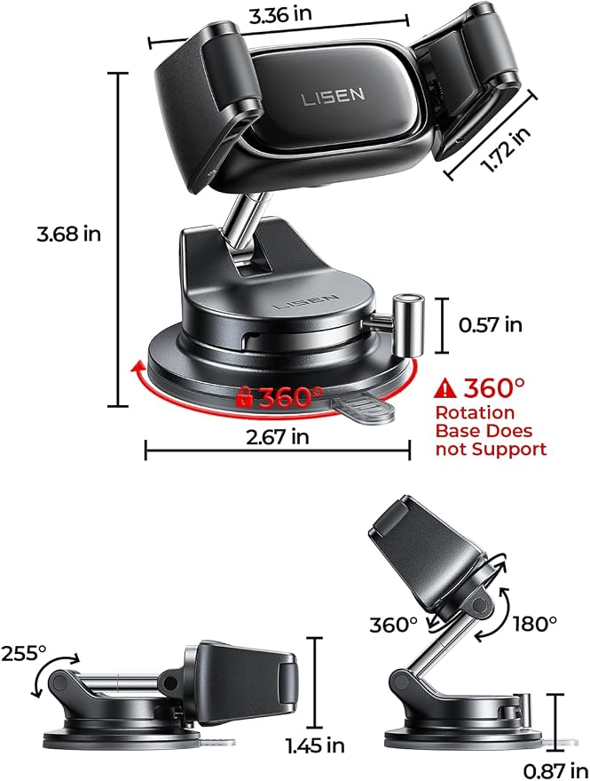LISEN Suction Phone Mount, [Industry First] Auto-Adjusting Phone Holder Suction, Easy One Touch Suction Cup Phone Mount Cell Phone Mount Car Dash for iPhone 17 Pro Max 16 15 14 Galaxy S26 25 All Cases