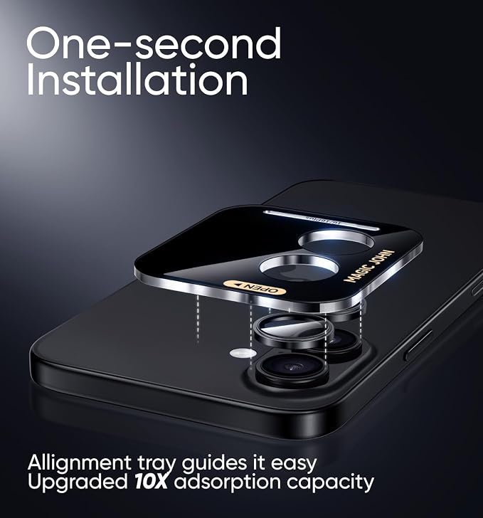 MAGIC JOHN for iPhone 16Plus/16 Camera Lens Protector [Alignment Kit&1:1 Invisible Perfect Fit] 9H Aerospace Tempered Glass Anti-Scratch Durable, Individual Cover Ring, Case Friendly, Set of 2, Black