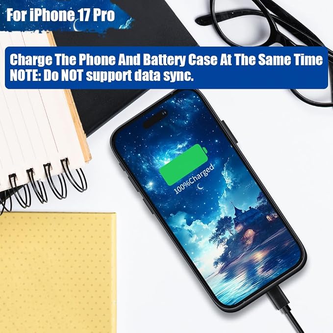Battery Case for iPhone 17 Pro, 5000mAh Rechargeable Extended Battery Charging/Charger Case, Add 100% Extra Juice (6.3 Inches) Black