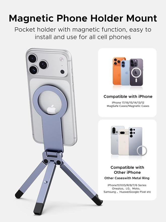 UGREEN for Magsafe Tripod 360° Rotating Adjustable Magnetic Phone Stand for 1/4'' Screw Port Compatibility with iPhone 17 16 15 14 13 12 Pro Max Air, Cell Phone StandTravel Essentials Accessories