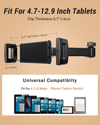 Extension Arm Tablet Holder for Car Headrest Adjustable iPad Holder for Car Backseat Rear Facing for Kids Baby, Car Mount Fit 4.7"-13" Cell Phone iPad mini Air Pro 12.9 Switch Fire Tablet