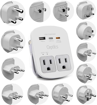 Ceptics Universal Travel Adapter, 35W World Travel Adapter Kit - 2 USA sockets, USB-A, USBC, 1x PD 35W USB-C and USBC Cable, Perfect for Laptops, Cell Phones, Chargers - Surge Protection