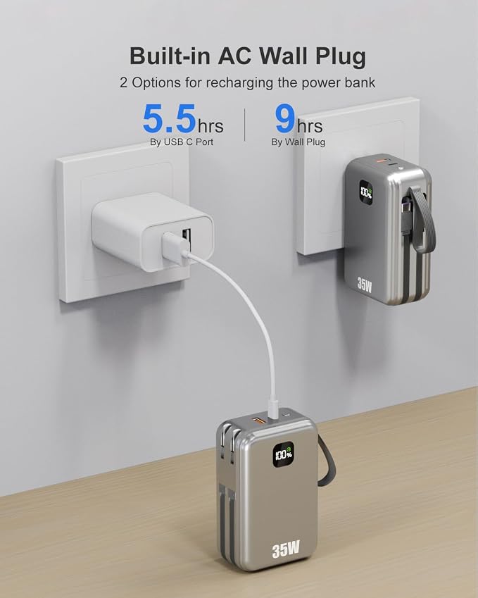 27000mAh Portable Charger with Wall Plug, 35W Fast Charging Power Bank Built-in Cables,4 Ports TSA-Approved Travel Essentials Charging Battery Bank (Space Gray)