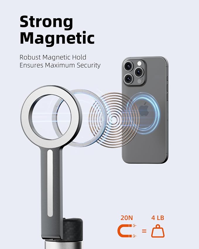 TODI 65" Magnetic Tripod for iPhone with Remote, Selfie Stick for iPhone Magsafe, Cell Phone Tripod Stand for Recording, Travel Tripod Compatible with 16/15/14/13/12 Series (Black Silver)