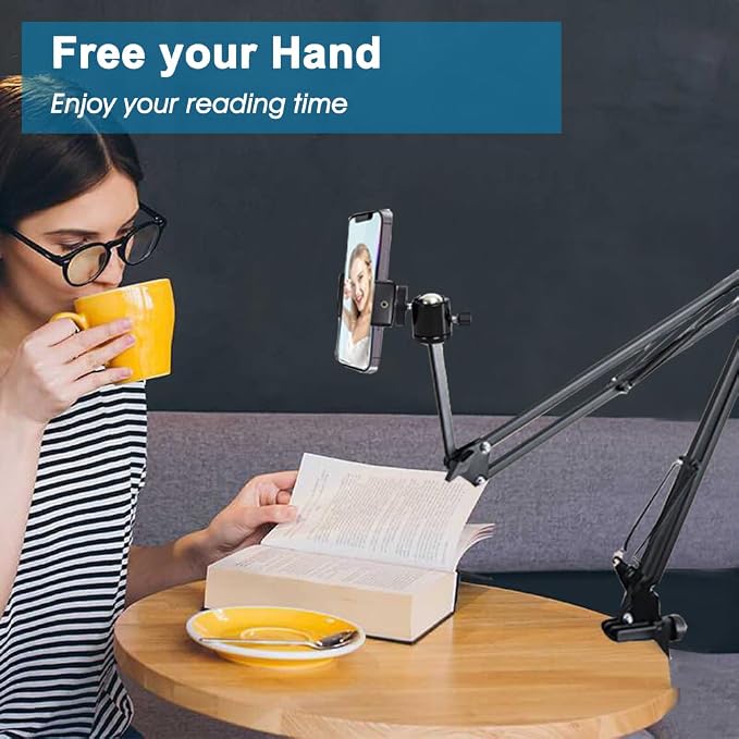 Overhead Tripod Mount for Camera Webcam Ring Light, Long Over Head Articulating Arm with Phone Holder and Ball Head, Desktop Lazy Arm Clamp Phone Stand Accessory for Live Streaming,Video Recording