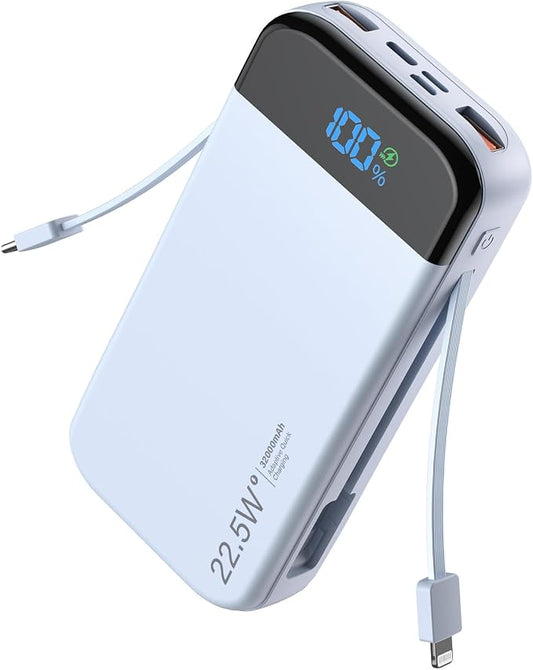 Portable Charger Power Bank 32000mAh with Built in Cables, PD3.0 USB C Fast Phone Charger, 5 Outputs LCD Display Travel Battery Pack Compatible with iPhone, Samsung All Cell Phones (Blue)