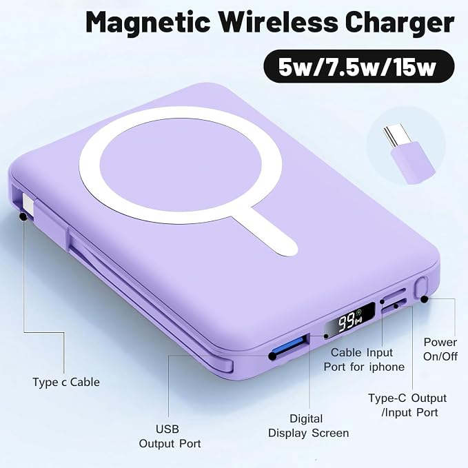 Azmuth for MagSafe Portable Charger, 10000mAh Magnetic Power Bank with 20W PD USB-C Fast Charging LED Display for MagSafe Battery Pack, Magnetic Travel Charger for iPhone 17/16/15/14/13/12 Series