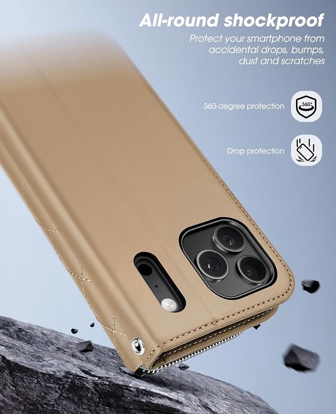 OCASE for iPhone 17 Pro Crossbody Wallet Case - Stylish PU Leather Handbag Phone Purse with Zipper Closure, Card Slots & RFID Blocking - Wrist Strap, Lanyard, Kickstand - Diamond Check Khaki