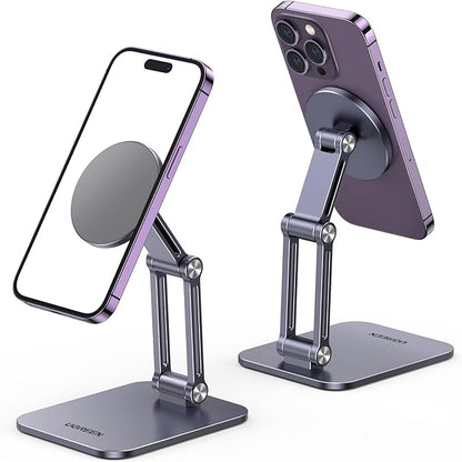 UGREEN Magnetic Phone Stand Compatible with MagSafe Holder for Desk Ergonomic Design Adjustable, Aluminum Cell Phone Stand Compatible for iPhone 17 Air 16 15 14 13 12 Pro Max and MagSafe Case, Grey