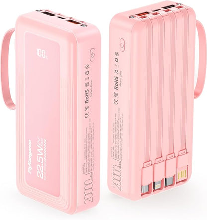 Portable Charger with Built in Cables, Slim 20000mAh Fast Charging 22.5W Power Bank USB C LED Display Battery Pack 6 Outputs & 2 Inputs for iPhone Samsung Pixel LG Moto iPad