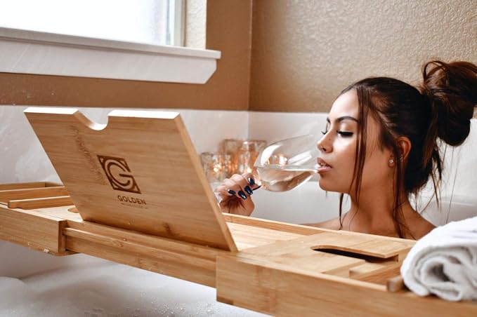 3-in-1 Premium Bathtub Caddy, Laptop Desk & Bed Tray with Extendable Arms and Adjustable Legs - Includes a Free Soap Dish, Two Spa Trays and Tablet/Wine Glass/Candle/Phone Holders - Natural Bamboo