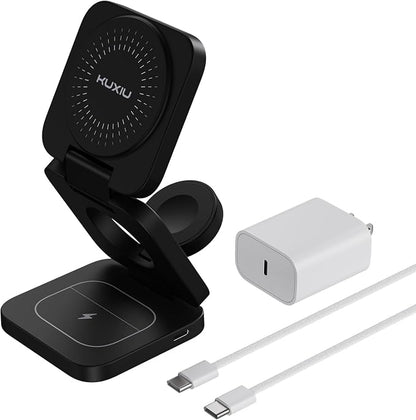 KU XIU X55 Turbo Qi2.2 25W 3-in-1 Charging Station for Apple Device, Foldable Magnetic Charger for iPhone 17/16, 5W for Apple Watch & AirPods, Fast Travel Wireless Charging Stand with 45W Adapter