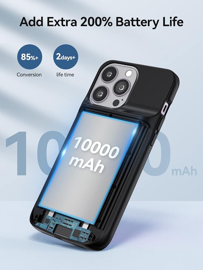 NEWDERY Battery Case for iPhone 14 Pro Max,14 Plus 10000mAh,Qi Wireless Charging,Wired Headset,Sync-Data Supported, Rechargeable Charger Cover for iPhone 14/13/12 Pro Max/14 Plus Black