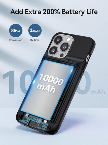 NEWDERY Battery Case for iPhone 14 Pro Max,14 Plus 10000mAh,Qi Wireless Charging,Wired Headset,Sync-Data Supported, Rechargeable Charger Cover for iPhone 14/13/12 Pro Max/14 Plus Black