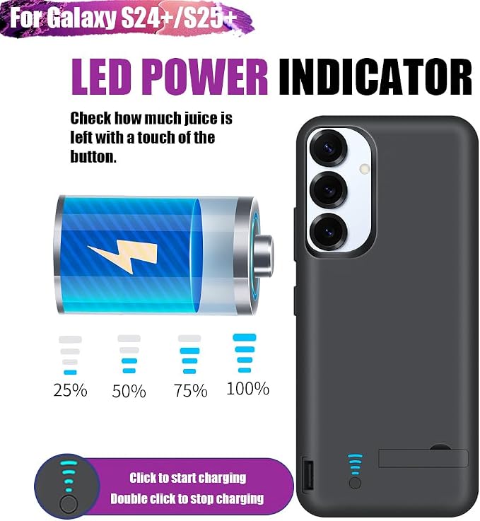 Sitong Battery Case for Samsung Galaxy S25+/ S25 Plus/ S24+/ S24 Plus, 5000mAh Rechargeable Extended Battery Charging Charger Case, Add 100% Extra Juice (6.7 Inches) Black