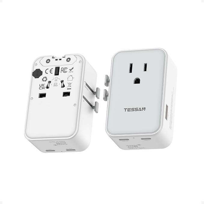 TESSAN Ultra Slim Universal Travel Adapter, International Power Plug | 20W, 2 USB-C 1 USB-A, US to European UK Spain Italy England New Zealand, Type C G A I