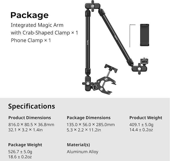 SmallRig 25.9" Magic Arm with Super Clamp, Overhead Phone Mount, Flexible Desk Camera Mount with 1/4" Screw and Cable Clip, Max Load 2.2lb, for iPhone, Action Camera, Video Light, Webcam, Mic - 5625