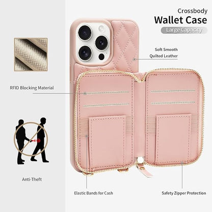 LAMEEKU for iPhone 15 Pro Max Case Wallet, Crossbody Wallet Case with Card Holder, Quilted Leather Case with Chain Strap, RFID Protectionn Cover for Women for iPhone 15 Pro Max 6.7" Pink