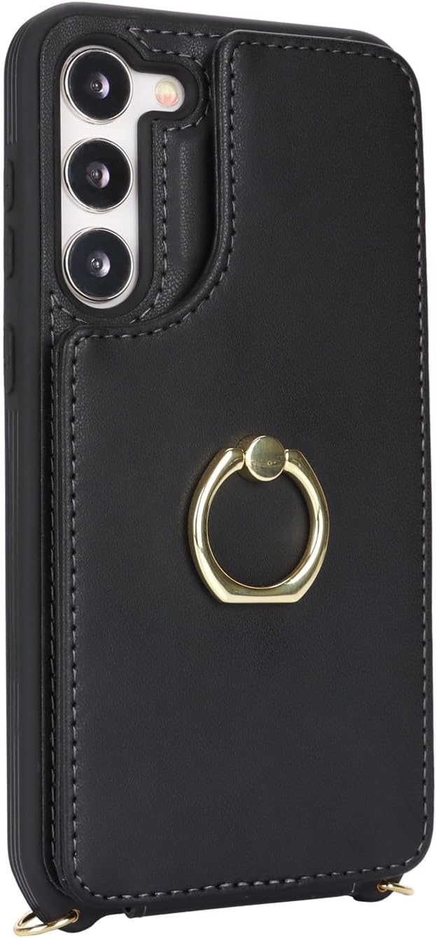 Lipvina for Samsung Galaxy S22 Case with Card Holder and Strap for Women,Crossbody Lanyard,RFID Blocking,Ring Stand,Snap Clasp,Phone Wallet Cases 6.1 inch(Black)