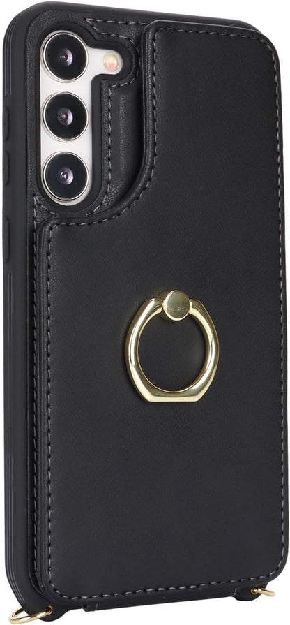 Lipvina for Samsung Galaxy S22 Case with Card Holder and Strap for Women,Crossbody Lanyard,RFID Blocking,Ring Stand,Snap Clasp,Phone Wallet Cases 6.1 inch(Black)