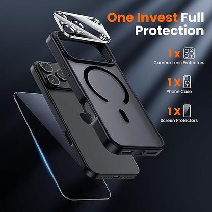 3 in 1 for iPhone 17 Pro Case Matte Black,Fits MagSafe, Screen Protector*1 Camera Lens Protector*1,Matte Skin Feeling Back, Cover Military-Grade Protection
