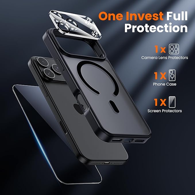 3 in 1 for iPhone 17 Pro Max Case Matte Black,Fits MagSafe, Screen Protector*1 Camera Lens Protector*1,Matte Skin Feeling Back, Cover Military-Grade Protection