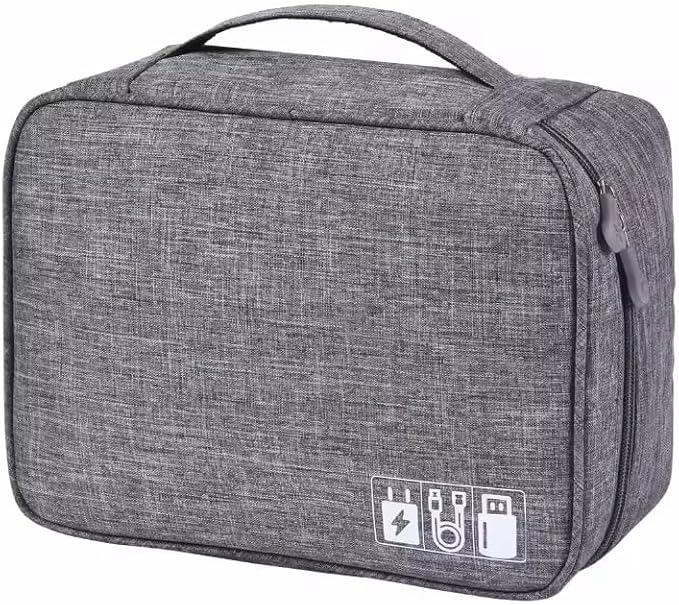 CARIGO Portable Electronics Organizer Bag, Double Layer Travel Gadget Organizer, Waterproof Digital Storage Case for Cables, Chargers, USB, SD Cards, Power Bank (Grey)