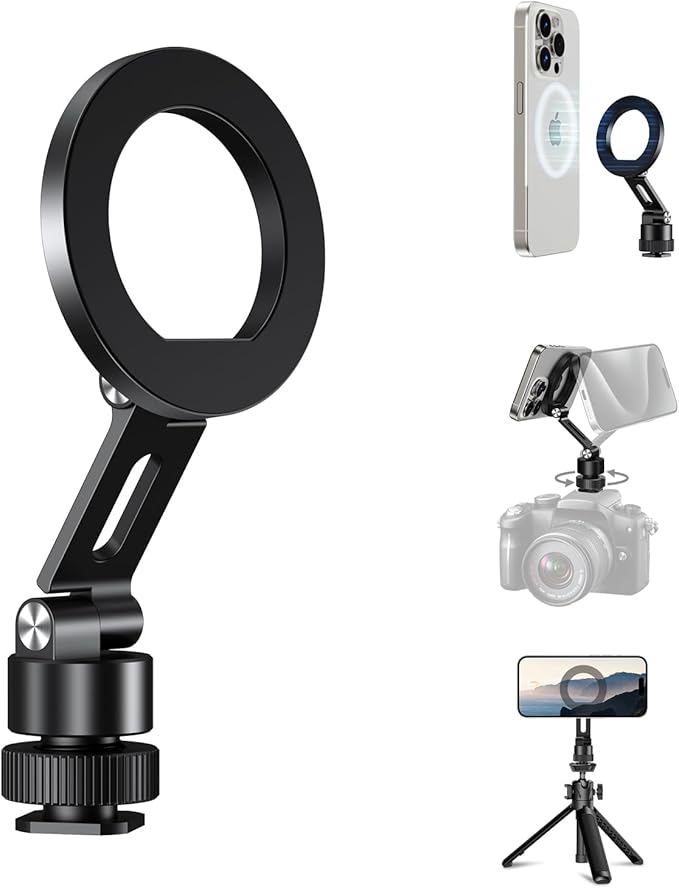 elitehood Aluminum Magnetic Camera Phone Mount with 360° Rotatable Cold Shoe Base, MagSafe iPhone Tripod Mount Adapter with 1/4” Screw & Hot Shoe, 180° Tilt Cell Phone Holder for Tripod Attachment