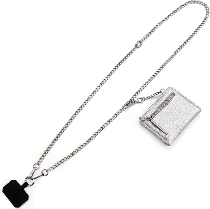 Diaclara Clip and Go Chain Phone Strap with Zipper Pouch- Stylish Crossbody Adjustable Chain Lanyard with Leather Wallet for All Phones, Silver
