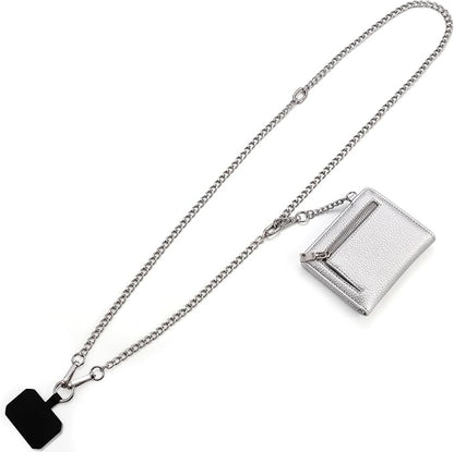 Diaclara Clip and Go Chain Phone Strap with Zipper Pouch- Stylish Crossbody Adjustable Chain Lanyard with Leather Wallet for All Phones, Silver