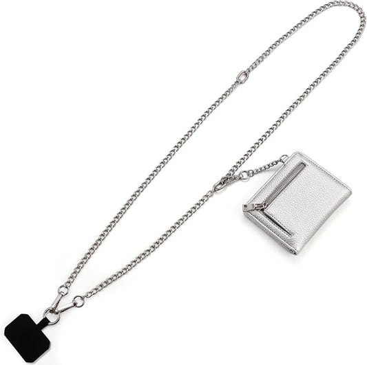 Diaclara Clip and Go Chain Phone Strap with Zipper Pouch- Stylish Crossbody Adjustable Chain Lanyard with Leather Wallet for All Phones, Silver